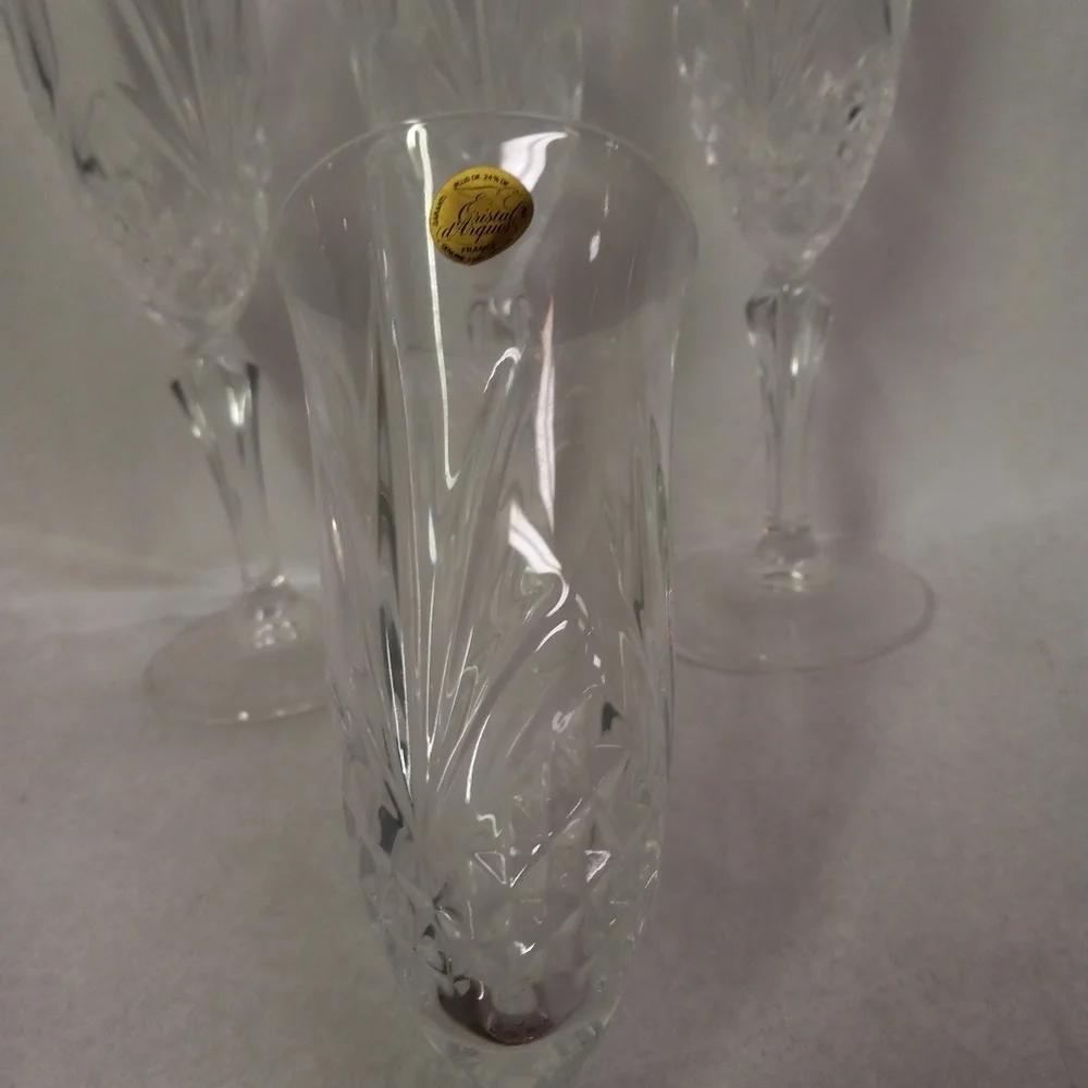 4 Garanti Crista D'Argues Stemed Flute Shaped Genuine Lead Crystal Glasses